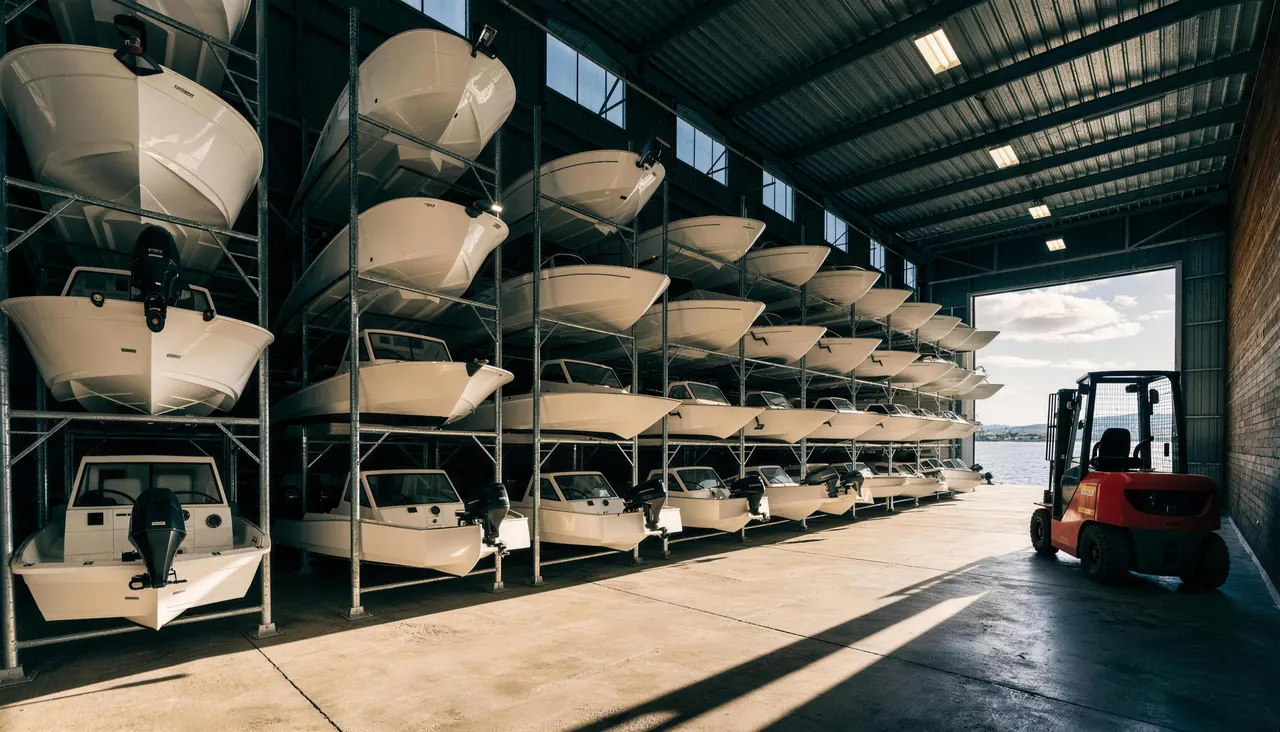 Dry stack boat storage in Palm Beach County (AI-generated illustration)